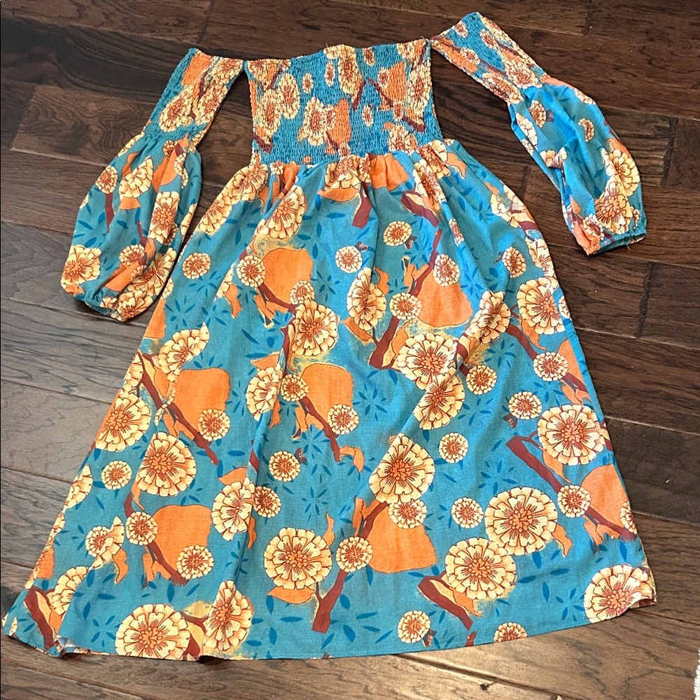 Dazy Blue & Orange Floral Off-Shoulder Maxi Dress